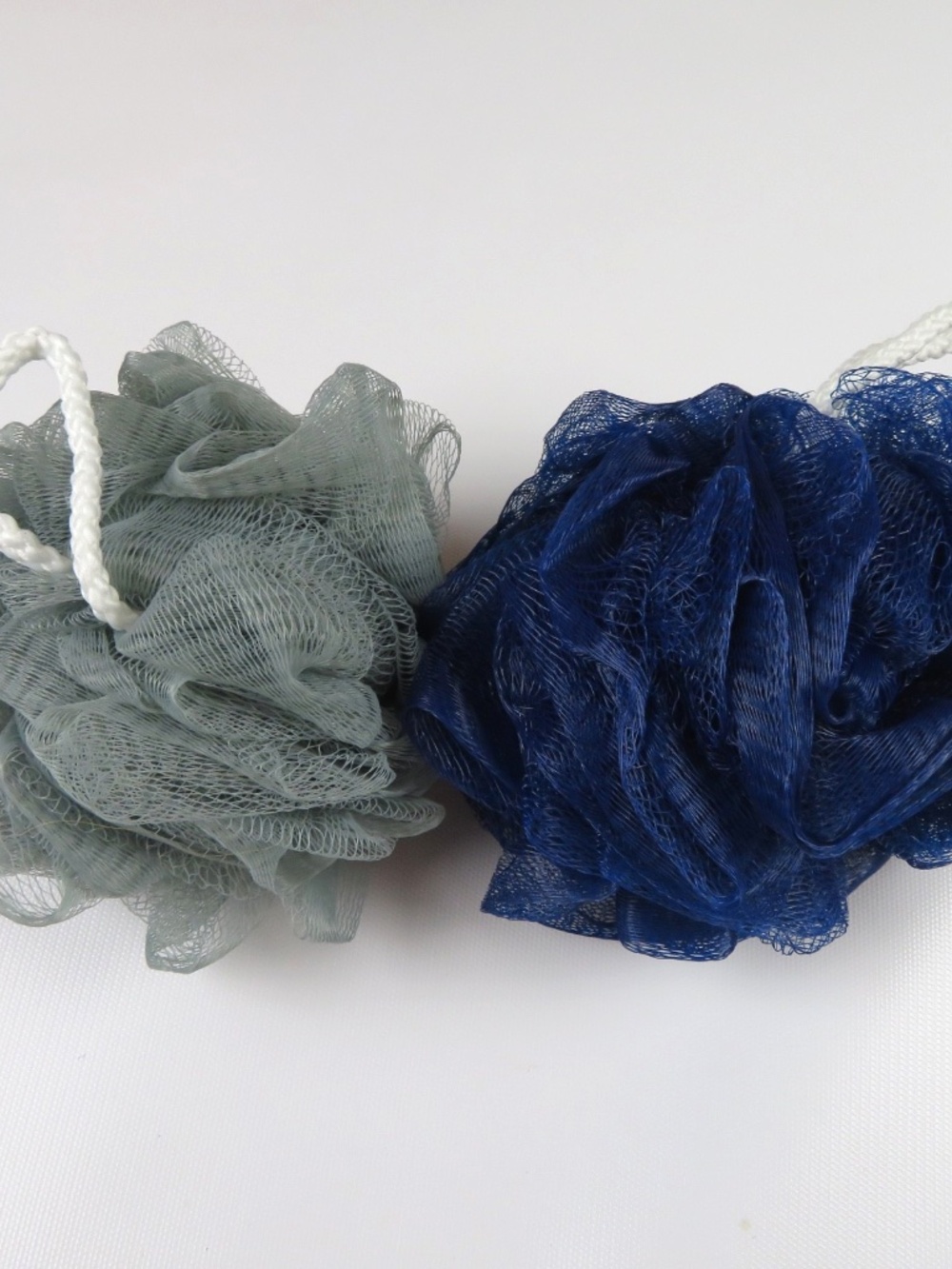 NEW- set of 2 blue and gray bath shower mesh puffs sponges loofahs